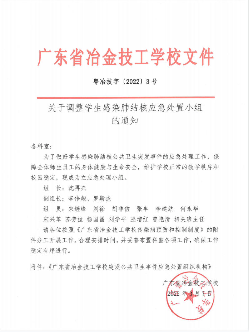 關于調整學生感染肺結核應急處置小組的通知